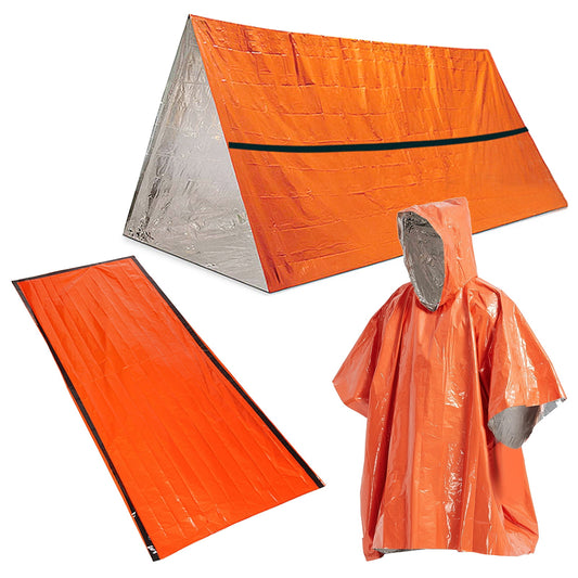 Outdoor Survival Gear Waterproof Heat Reflective Thermal Poncho Raincoat with Sleeping Bag and Tent Shelter for Camping Hiking Adventure
