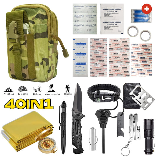 Welan 40-in-1 Survival Gear Kits Outdoor Survival Tool with Emergency Bracelet Whistle Flashlight Pliers Pen Wire Saw Folding Shovel for Camping, Hiking, Climbing, Car